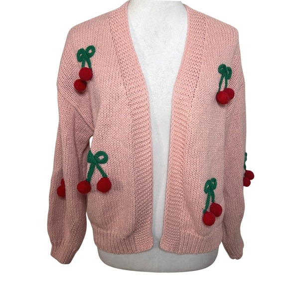 Anthropologie Luna Ivy Pink 3D Cherry Knit Cardigan Sweater Small Chunky Spring - Picture 9 of 12